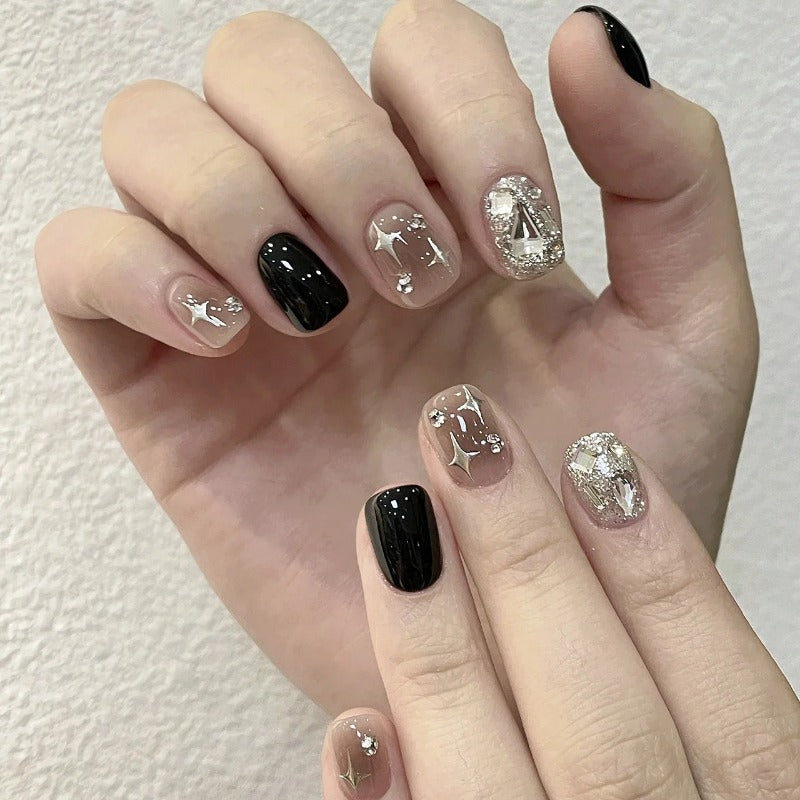 Handmade Diamond Stars Fake Nails Short with Charms Removable Nails High Quality