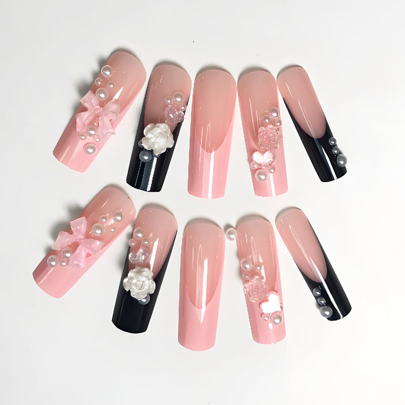 24 nail pieces Pink and black manicure with pearl flowers unlocks new fashion for your fingertips!