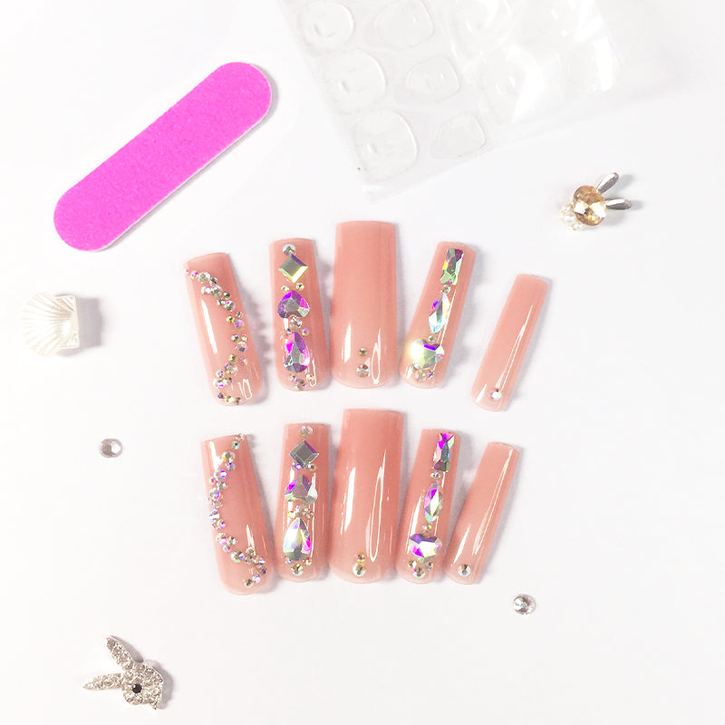 Luxury Rhinestone Nail Set: Nude Pink Base Meets Colorful Rhinestones, Lighting Up Finger - tip Charm