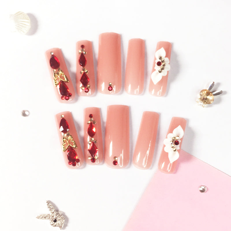 Precious Red - Diamond Nail Stickers: Encountering Luxurious Floral Charms on Nude - Pink Bases