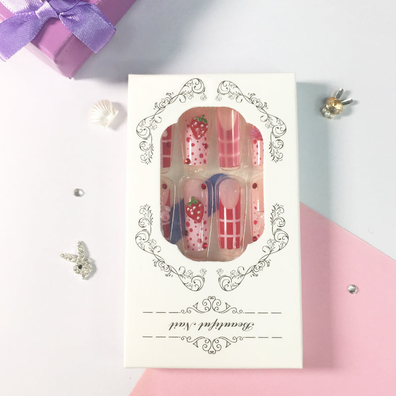 Sweetheart Strawberry Nail Set: Interwoven Pink Dots and Checks, Infusing Fingertips with a Playful Vibe