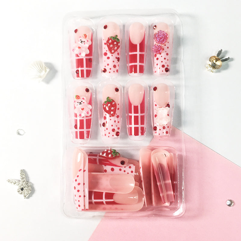 Sweetheart Strawberry Nail Set: Interwoven Pink Dots and Checks, Infusing Fingertips with a Playful Vibe