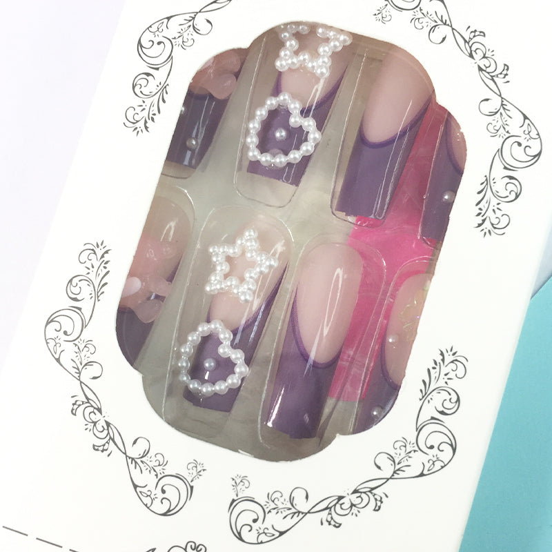 Purple - pink gradient nail stickers, adorned with pearls, stars and bows, encounter a fairy tale on your fingertips.