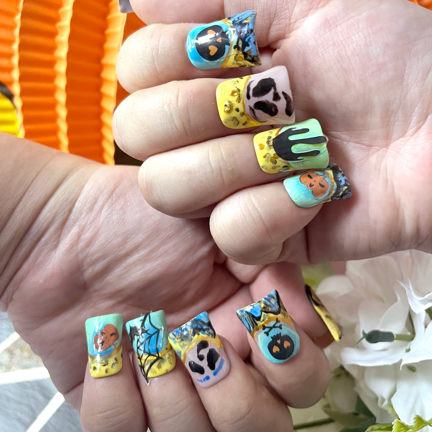 Halloween fantasy nail art stickers featuring pumpkin, skull, and snake elements