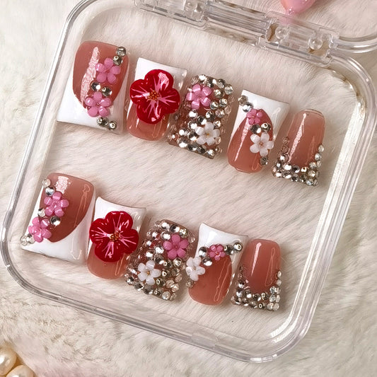 Nude Pink Romantic Elegant Crystal Flower Short Wearable Nails | Handmade Nail Stickers
