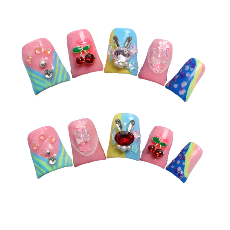 Colorful rainbow fun lively style cherry bunny decoration short wearable handmade nail art