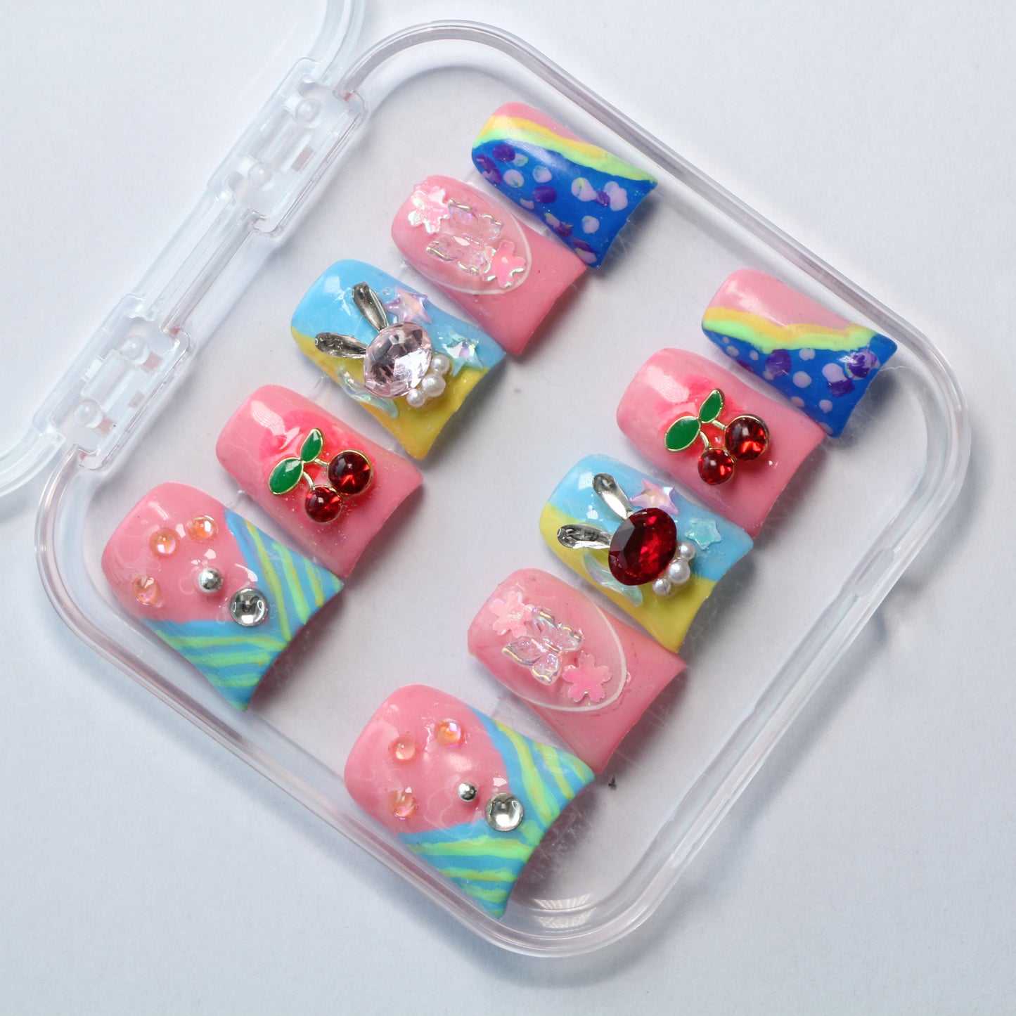 Colorful rainbow fun lively style cherry bunny decoration short wearable handmade nail art