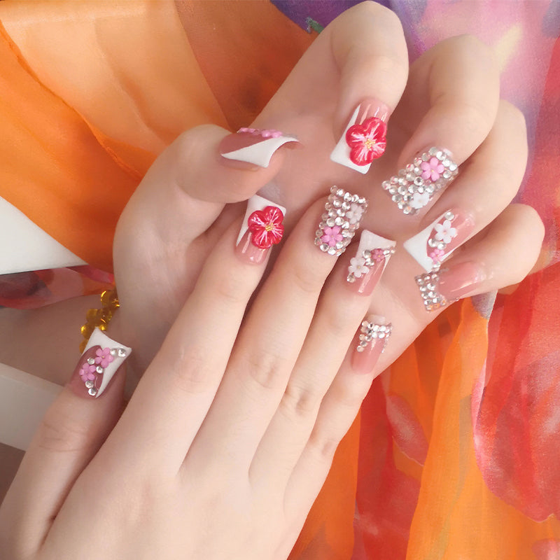 Nude pink tones romantic and elegant crystal flower accessories short wearable manicure nail stickers