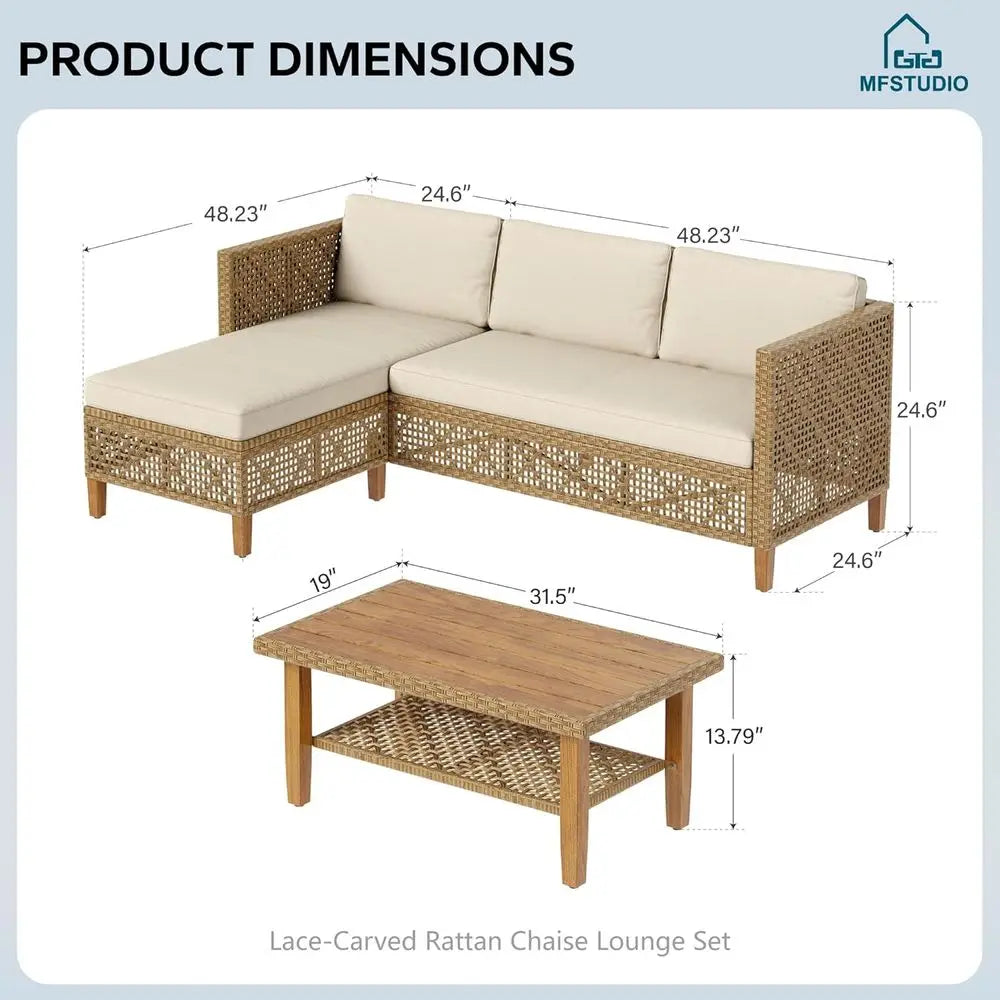 Beige 3-Piece Outdoor L-Shaped Wicker Sofa Set with Rattan Sectional and Acacia Coffee Table for Patio or Backyard