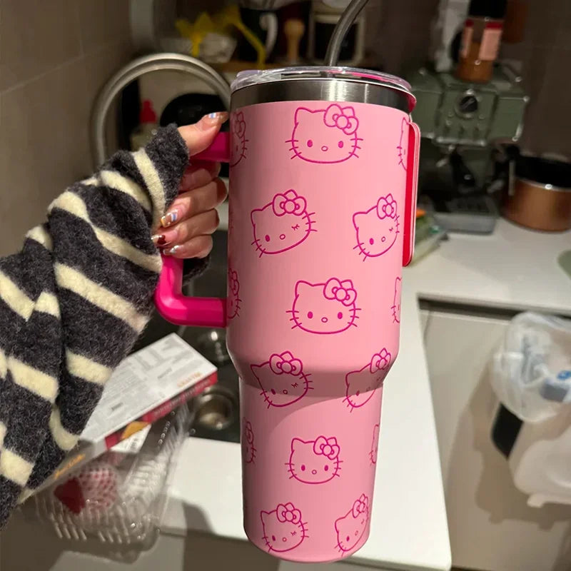 Kawaii Hello Kitty 40oz Stainless Steel Vacuum Cup Anime with Handle Straw Cup Coffee Cup with Packaging Box Quick Delivery