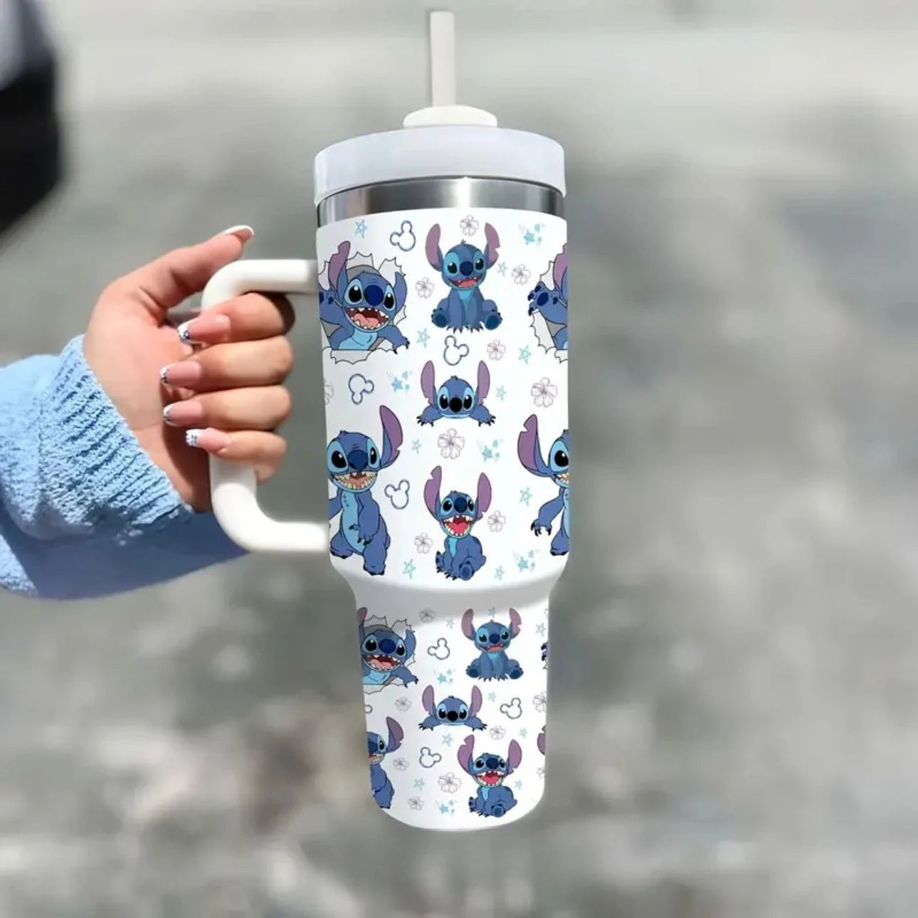 MINISO Disney Stitch Large Capacity Water Bottle Cartoon Stainless Steel Thermos Cup with Handle Double-Wall Insulated Cup Gifts