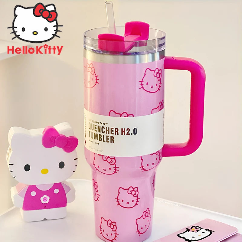 Kawaii Hello Kitty 40oz Stainless Steel Vacuum Cup Anime with Handle Straw Cup Coffee Cup with Packaging Box Quick Delivery