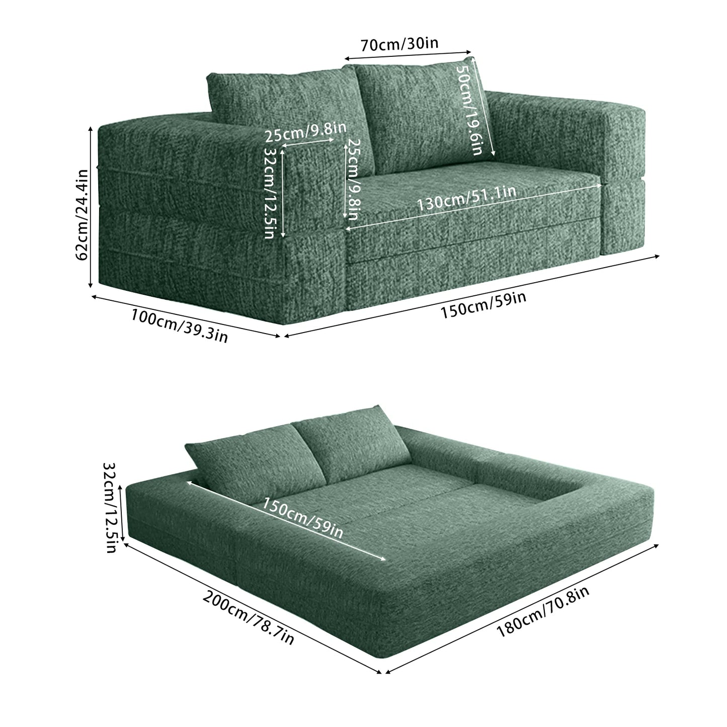 1.5m 1.8m 3-in-1 Chenille Vacuum Compressible Sofa Bed Home Foldable Floor Couch Soft Loveseat Lazy Sofa For Living Room Bedroom
