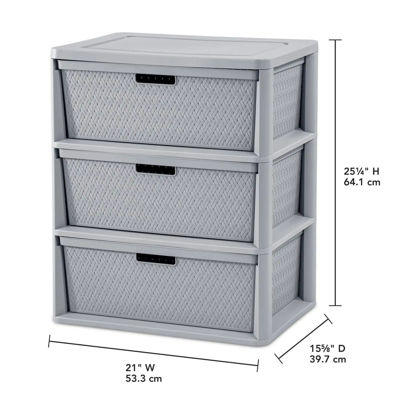 Wide 3 Drawer Tower, Plastic Storage Organizer with Removable Decorative Bins, Easy to Assemble - No Tools Needed, Gray