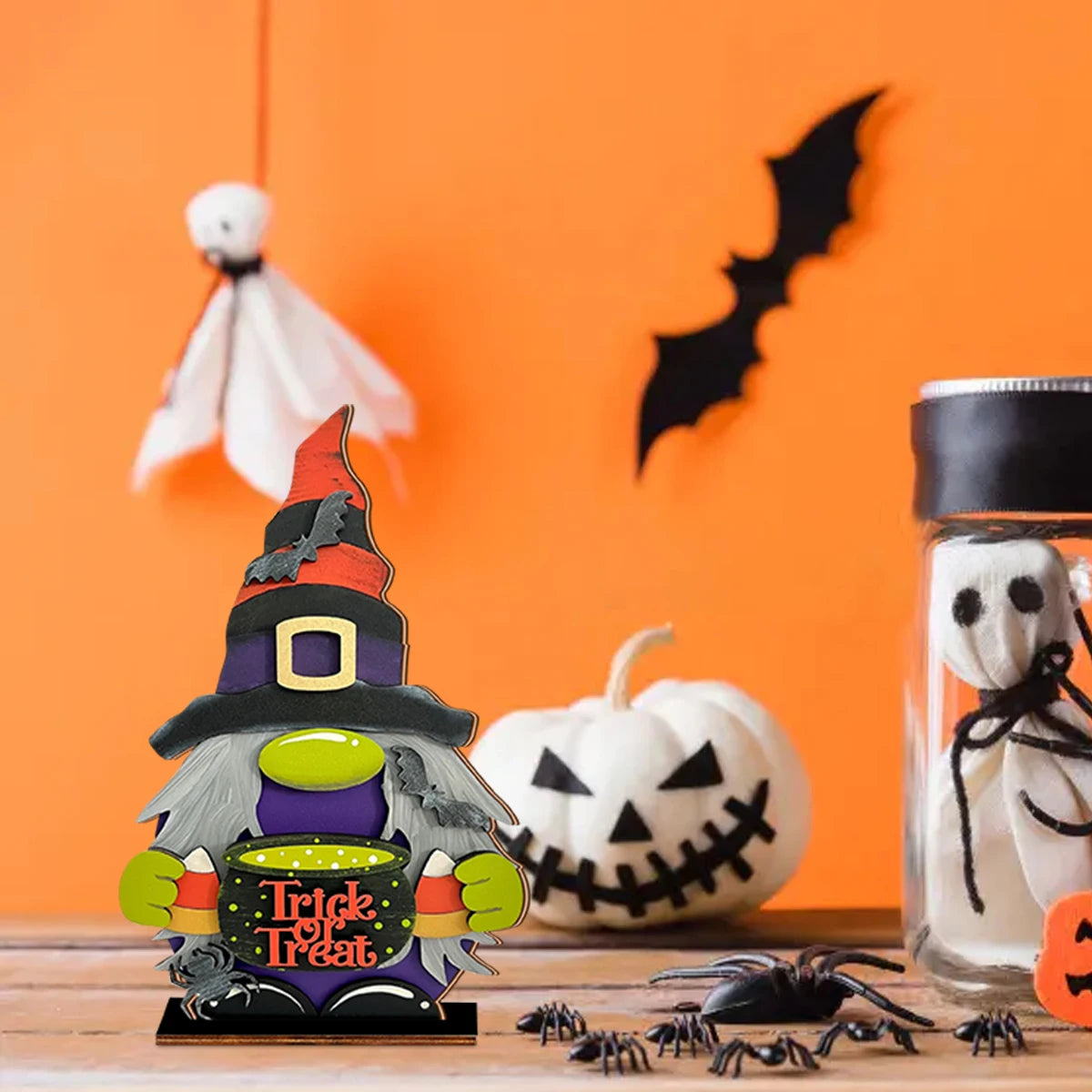 Halloween Wooden Gnome Ornament with "Trick or Treat" Cauldron, Cute Decor for Home Party