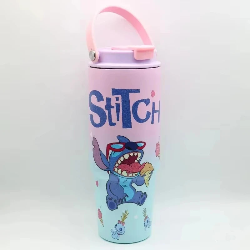 30OZ Stitch High-capacity Vacuum Cup Anime Stainless Steel Auto Cup Gradient Color Outdoor Portable Handheld Straw Cup