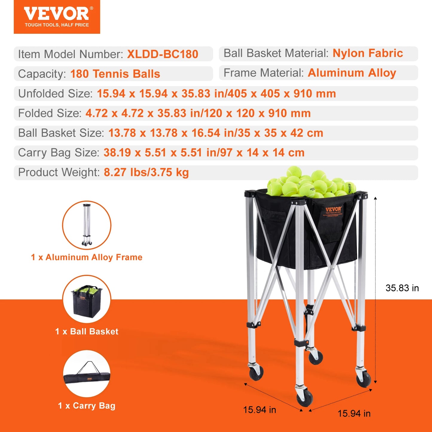 Foldable Tennis Ball Cart Holds 150/180 Tennis Balls Basket Hopper with Wheels for Sports Teaching Baseball Trolley