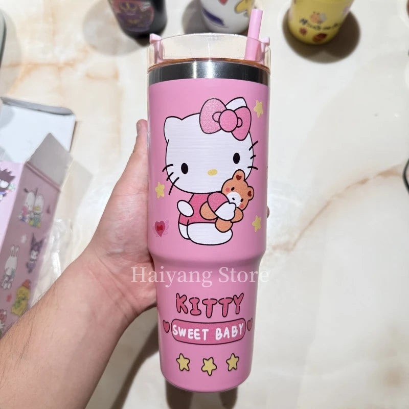 Hello Kitty 900ML Stainless Steel Insulated Cup Anime Cute Student Drinking Straw Cup High Capacity Coffee Cup Rapid Delivery