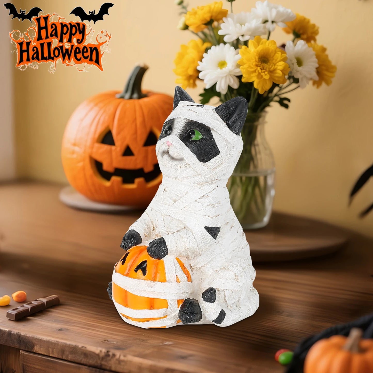 Resin Spooky Mummy Cat Figurine Halloween Decor Holding Pumpkin Sculpture Indoor Home Table Bookshelf Ornament Holiday Display