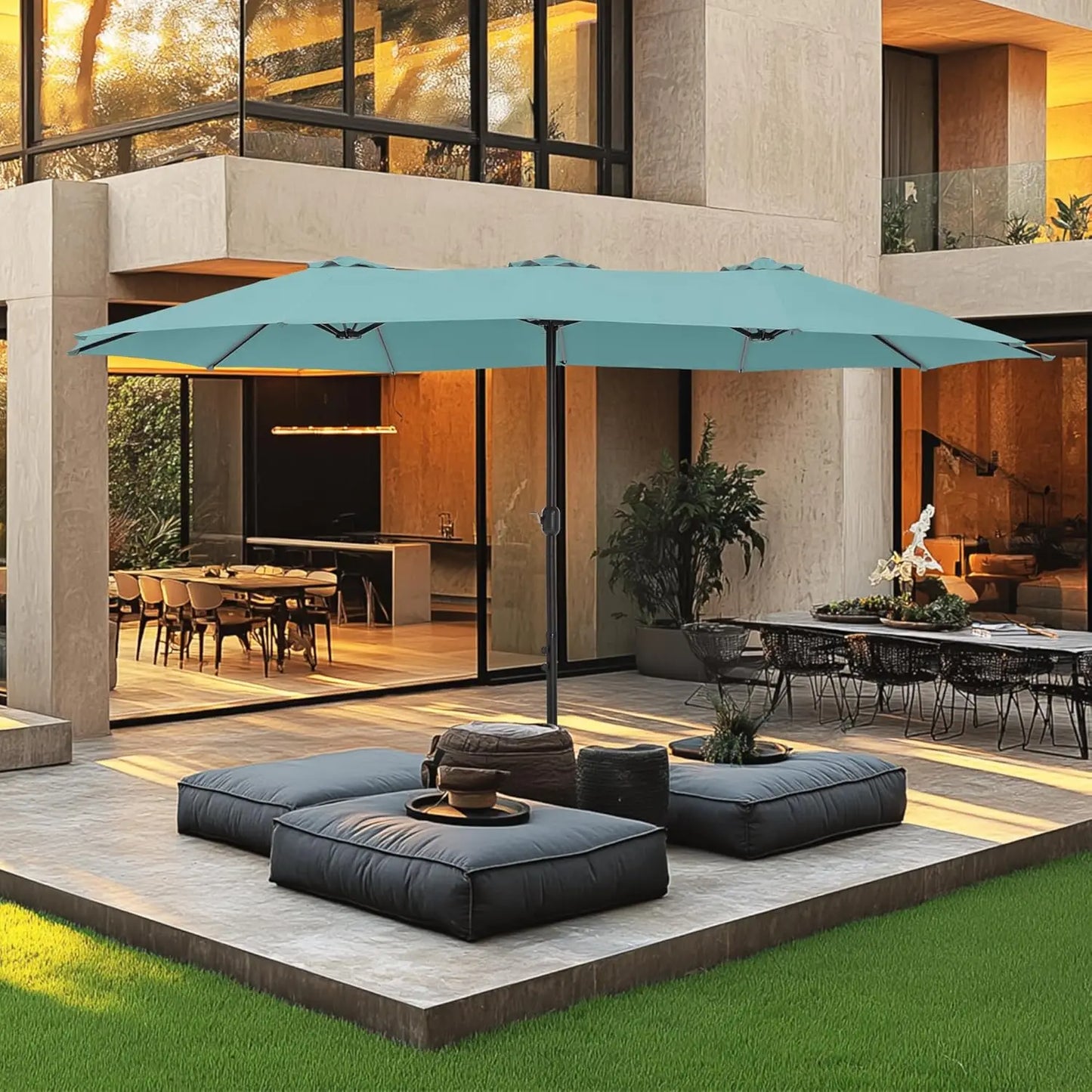 15ft Double Sided Patio Umbrella with Base Included, Outdoor Large Rectangular Market Umbrellas with Crank Handle, Customized
