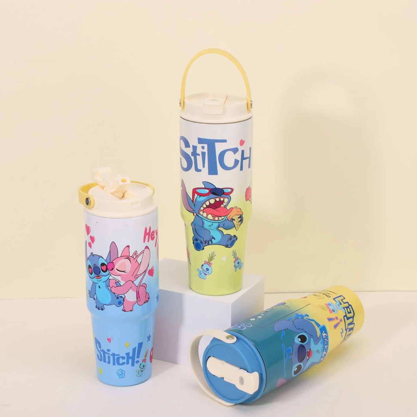 30OZ Stitch High-capacity Vacuum Cup Anime Stainless Steel Auto Cup Gradient Color Outdoor Portable Handheld Straw Cup