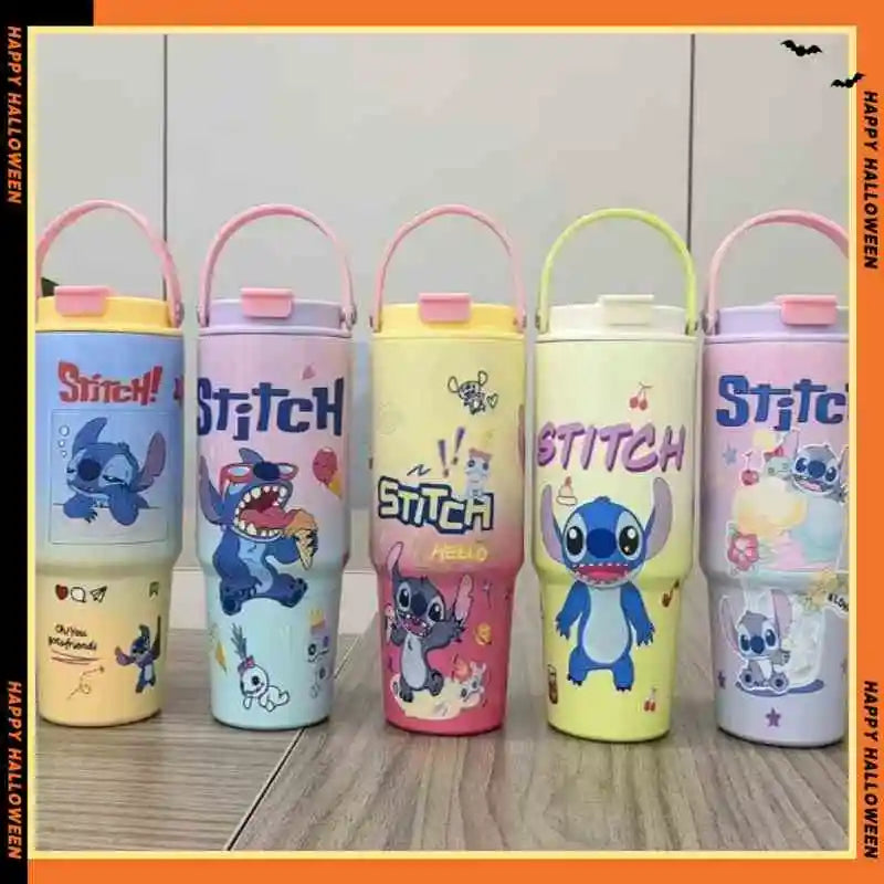 30OZ Stitch High-capacity Vacuum Cup Anime Stainless Steel Auto Cup Gradient Color Outdoor Portable Handheld Straw Cup