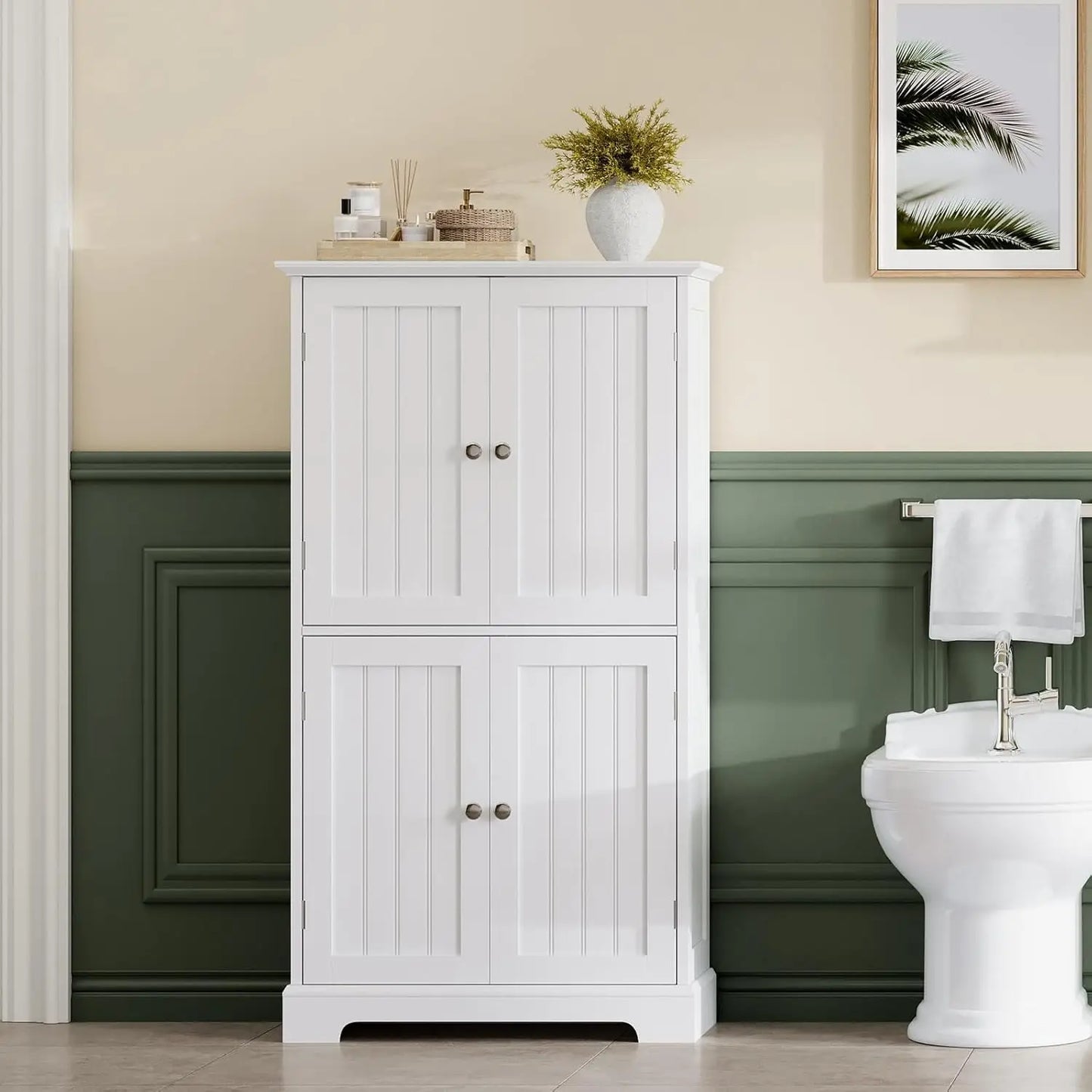 Bathroom Floor Cabinet, Modern Bathroom Storage Cabinet with 4 Doors and Adjustable Shelves