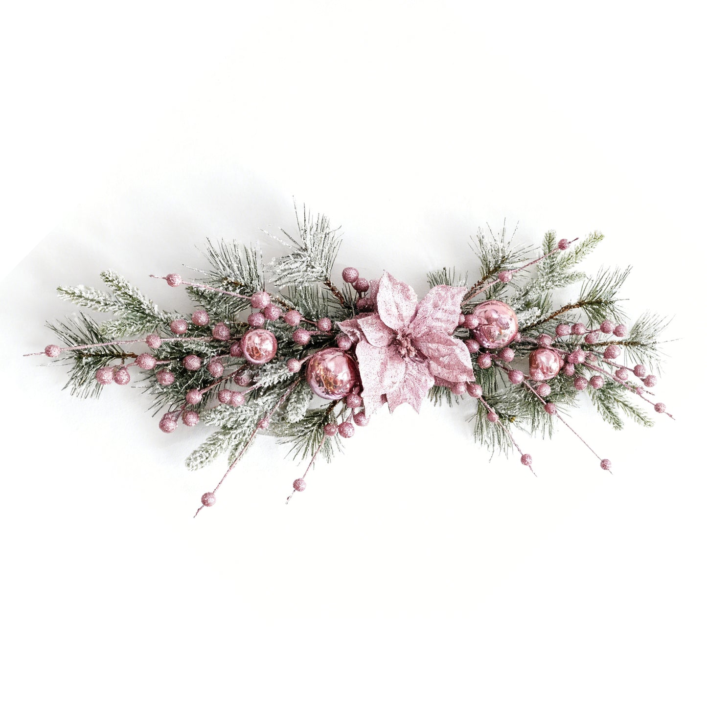 Christmas Barbie Pink Flocking Wreath | Electroplated Ball + Snow Frost + PE Pine Needle | Rattan Vine Ring Decor
