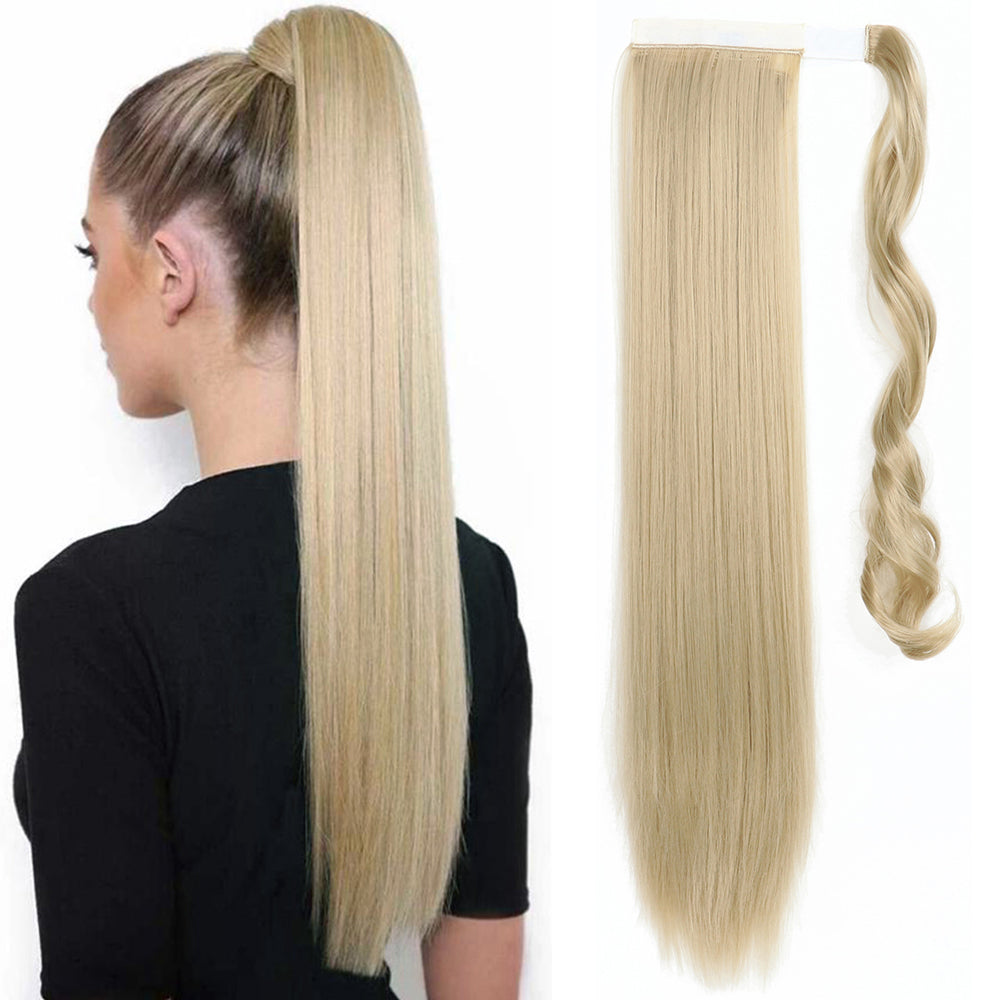 Synthetic long straight wrap clip-in ponytail extensions with heat-treated ponytail wig