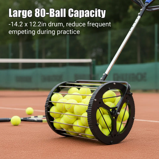 Tennis Ball Picker Hopper, Automatic Ball Basket for 80 Balls, Adjustable Height 35.8-40.5in for Court Training