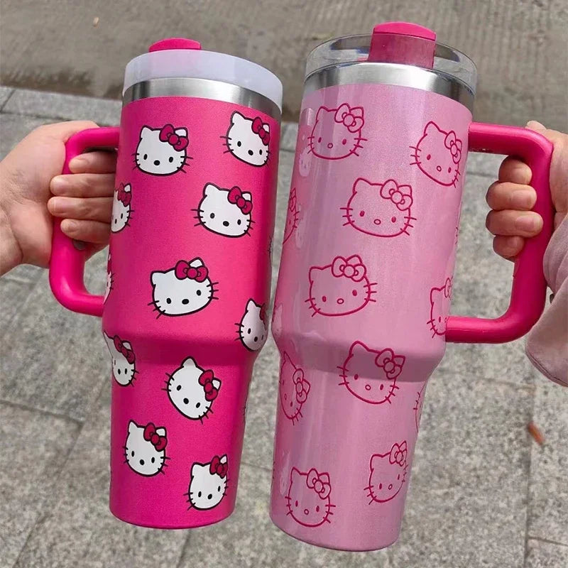 Kawaii Hello Kitty 40oz Stainless Steel Vacuum Cup Anime with Handle Straw Cup Coffee Cup with Packaging Box Quick Delivery