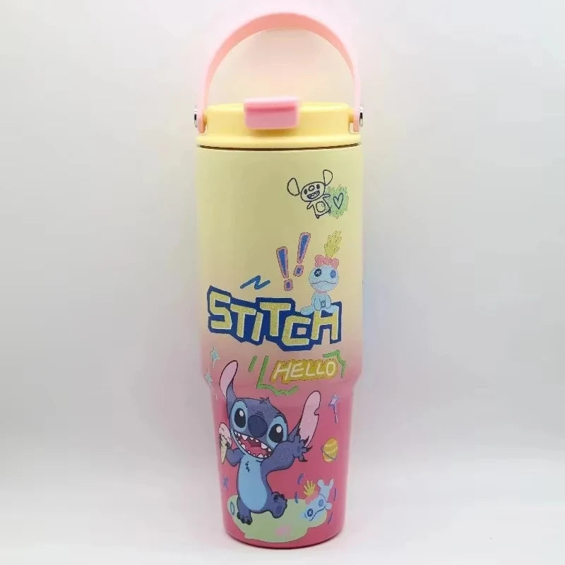 30OZ Stitch High-capacity Vacuum Cup Anime Stainless Steel Auto Cup Gradient Color Outdoor Portable Handheld Straw Cup
