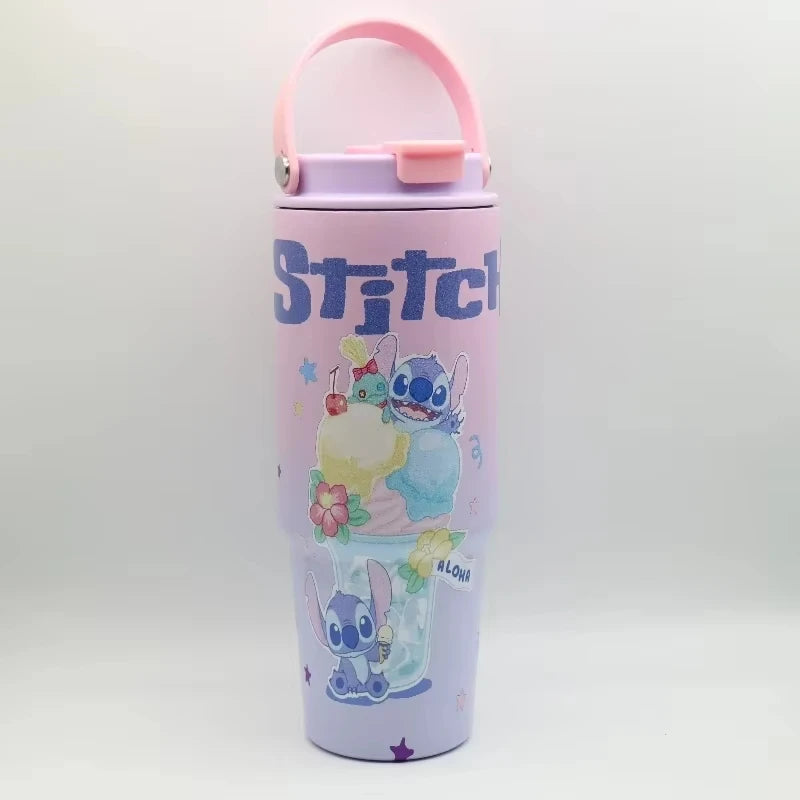 30OZ Stitch High-capacity Vacuum Cup Anime Stainless Steel Auto Cup Gradient Color Outdoor Portable Handheld Straw Cup