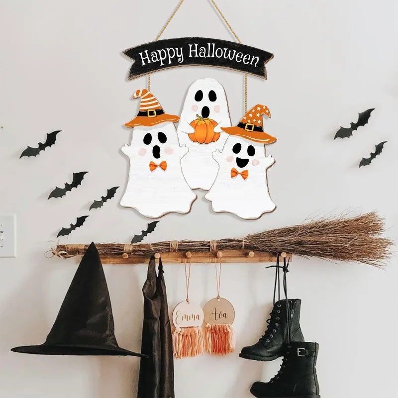 Halloween Ghost Door Sign - BOO Wooden Hanging Decor for Front Door, Yard or Wall - Pumpkin & Wreath Party Decorations