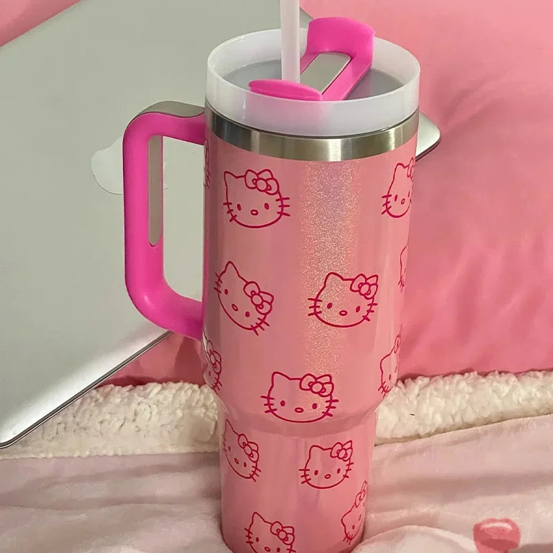 Kawaii Hello Kitty 40oz Stainless Steel Vacuum Cup Anime with Handle Straw Cup Coffee Cup with Packaging Box Quick Delivery
