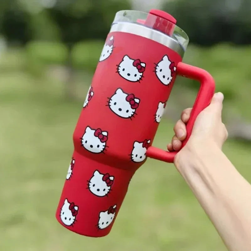 Kawaii Hello Kitty 40oz Stainless Steel Vacuum Cup Anime with Handle Straw Cup Coffee Cup with Packaging Box Quick Delivery