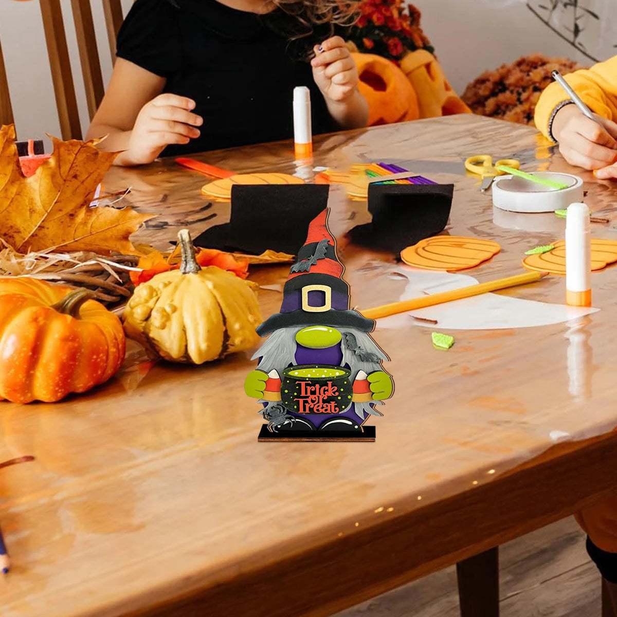 Halloween Wooden Gnome Ornament with "Trick or Treat" Cauldron, Cute Decor for Home Party