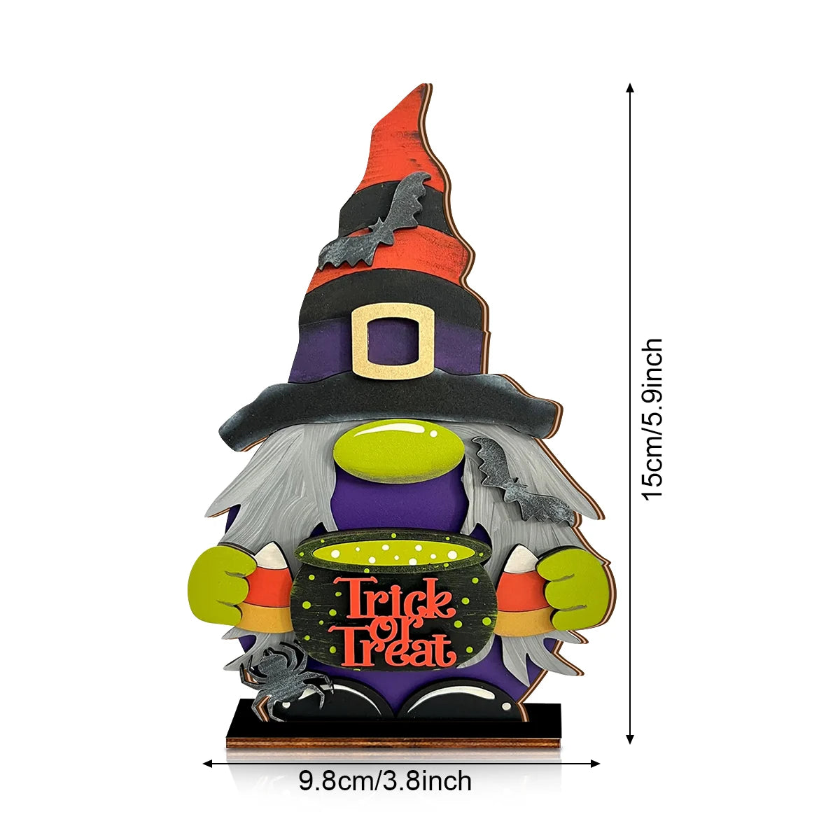 Halloween Wooden Gnome Ornament with "Trick or Treat" Cauldron, Cute Decor for Home Party