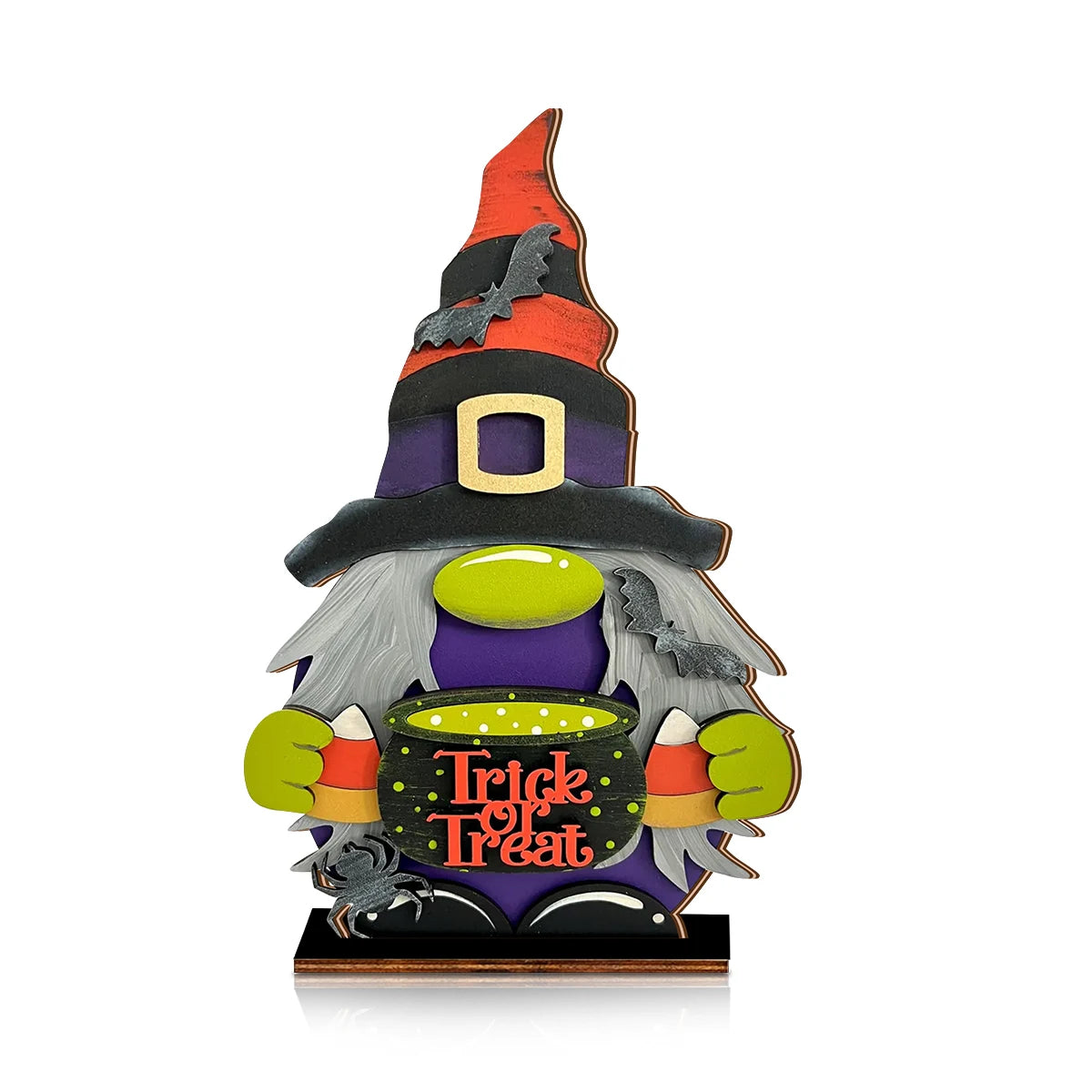 Halloween Wooden Gnome Ornament with "Trick or Treat" Cauldron, Cute Decor for Home Party