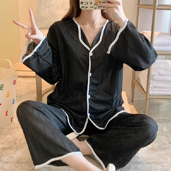 Pyjama à manches longues pour femme, ensemble de vêtements de détente, simple, à bords tirés, ample, pour étudiante, printemps et automne