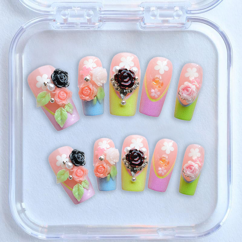 Colorful gradient nail art elegant style rose flower pearl accessories medium and long wearable nail art