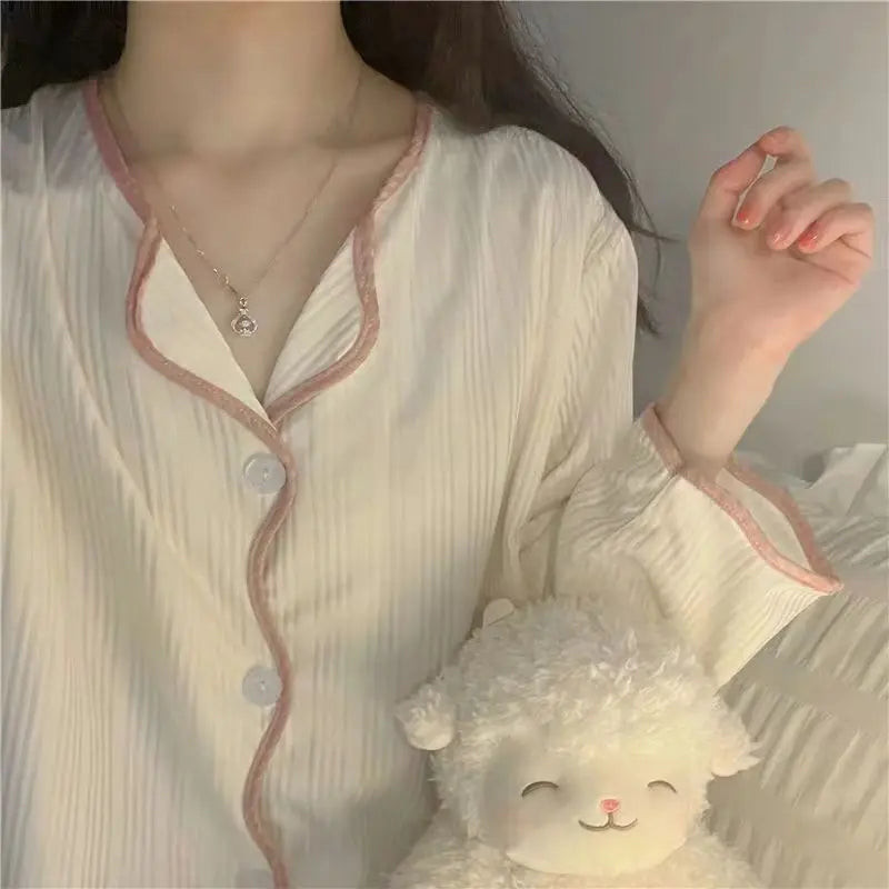Pyjama à manches longues pour femme, ensemble de vêtements de détente, simple, à bords tirés, ample, pour étudiante, printemps et automne