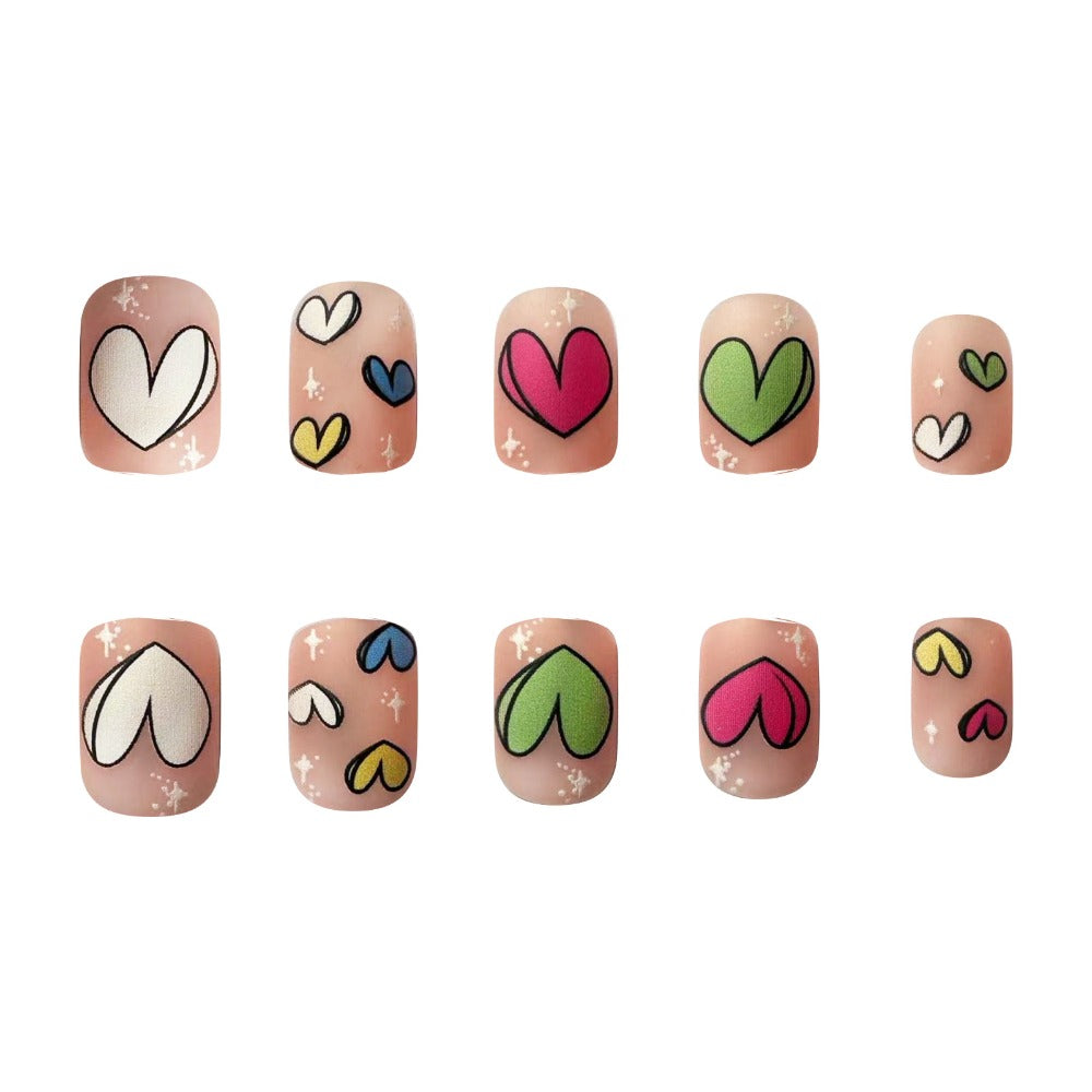 24pcs Fake Nails Short Square Valentine's Day Wearing Armor with Rainbow Heart Design French Press on Nail Faux Fingernails