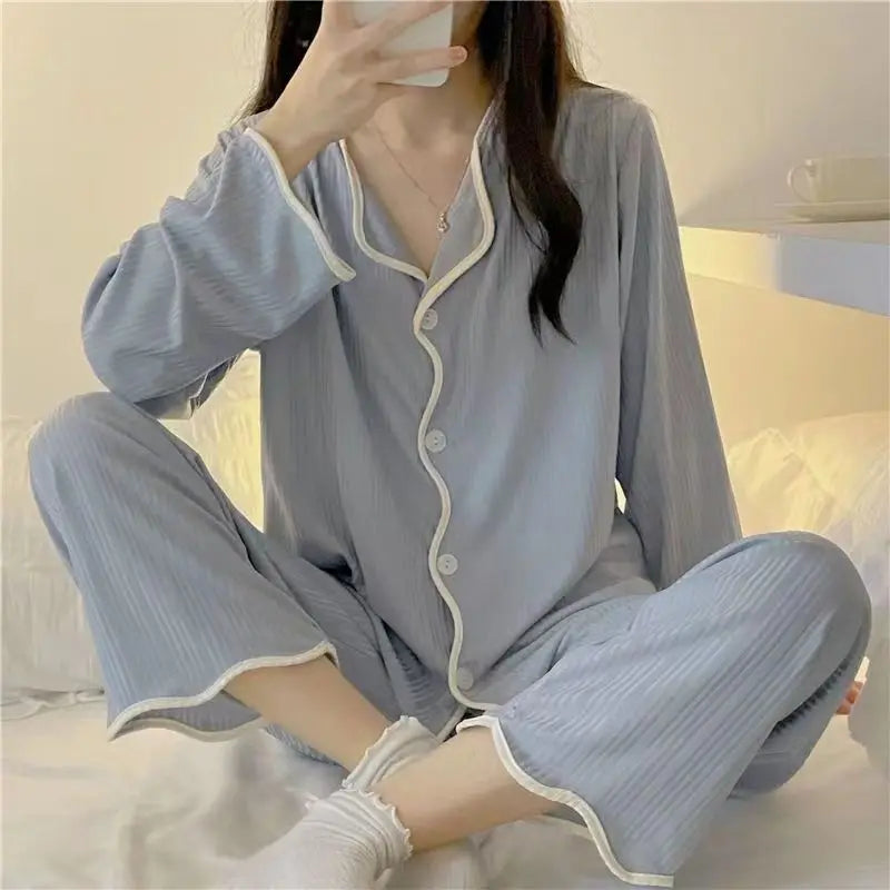 Pyjama à manches longues pour femme, ensemble de vêtements de détente, simple, à bords tirés, ample, pour étudiante, printemps et automne