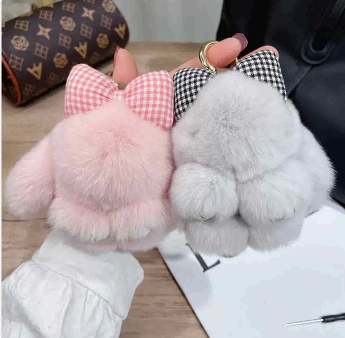 Fashion hair accessories bow rabbit keychain pom pom plush doll cute sweet rabbit keychain alloy ring key ring jewelry gift