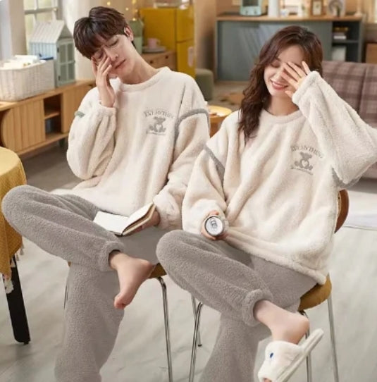 Couples' pajama sets, thickened and warm coral - fleece loungewear for autumn and winter, unisex.