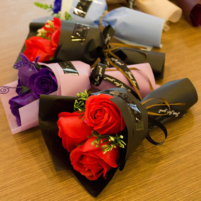 3 Heads Mini Artificial Rose Soap Bouquet | Hand-Held Valentine’s Gift | Gift Box Decor + Bath/Facial Soap
