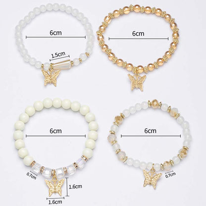 4Pcs Trendy Butterfly Beaded Bracelet Set | Women’s Bohemian Elastic Bangle—Pink Acrylic Jewelry Gift