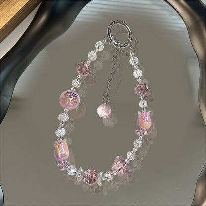 Tulip & Butterfly Crystal Beaded Phone Lanyard Keychain | Anti-Lost Accessory