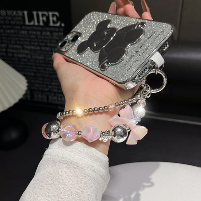 Electroplating Hand-Beaded Mobile Phone Lanyard | Anti-Loss Short Wrist Chain with Bow Pendant Decoration
